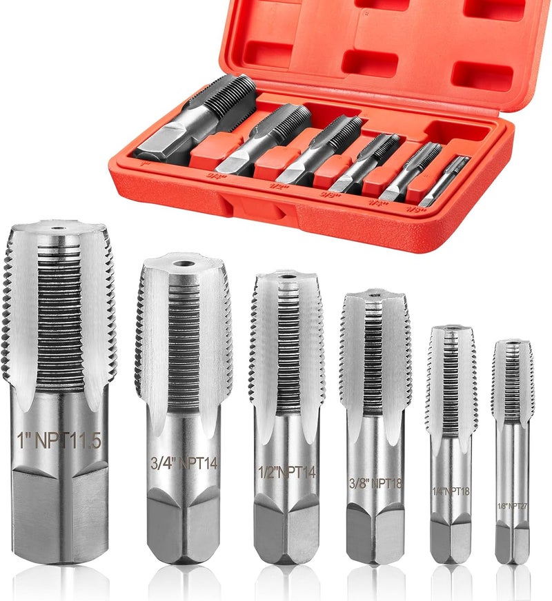 Toolwiz 6Pcs NPT Pipe Tap Set, 1", 3/4", 1/2", 3/8", 1/4", 1/8" Professional Taps Kit, Pipe Thread Cutting Tool with 4-Straight Flute Cutting Design, Alloy Steel NPT Tap Set with Storage Case - Image 1
